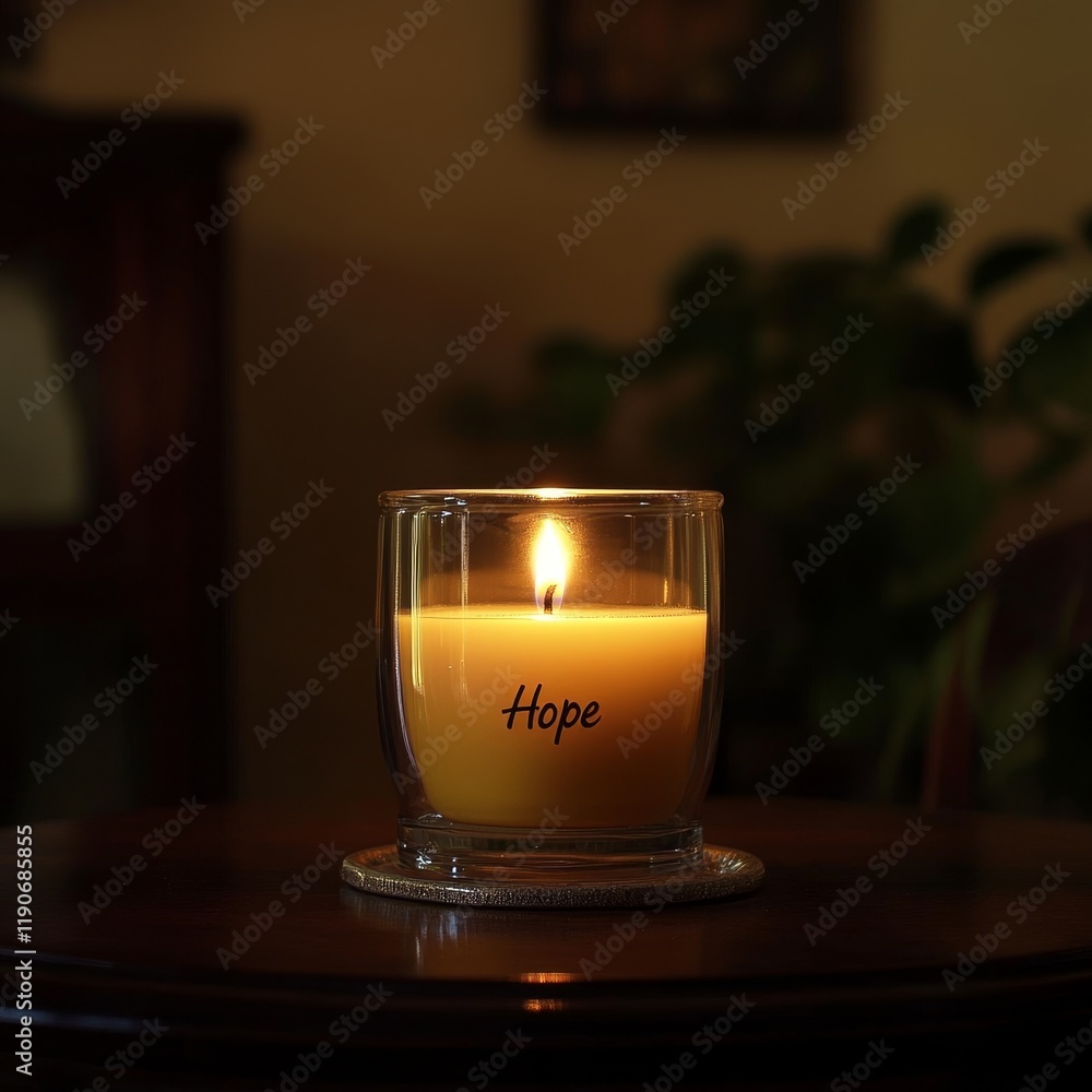 Poster cozy candle with the word 'hope' illuminating a calm room setting creating a warm and inviting atmos