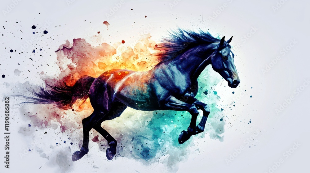 Poster majestic horse running through a colorful abstract splash of paint and light with dynamic movement a