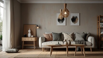 Cozy living room interior, Scandinavian style. Wooden furniture and elegant.