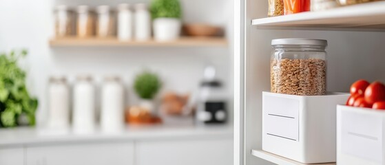 Clean kitchen pantry with labeled storage bins for organization. Food safety conceptual image.