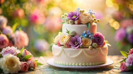 Naklejka premium Delicate Wedding Cake with Fresh Flowers, Tilt-Shift Miniature Photography