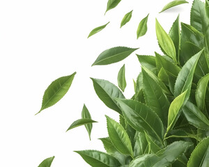 Fresh green tea leaves falling on white background; perfect for food, beverage packaging, or health websites