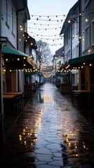 Fototapeta premium A cozy street scene with decorated food stalls, light reflections creating a luminous effect on the wet ground