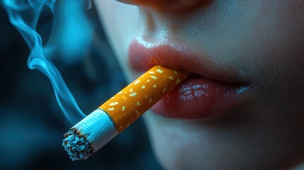 Close-up of a Person's Lips Holding a Cigarette with Smoke Rising in a Moody, Atmospheric Setting for Cigarette Topic Exploration