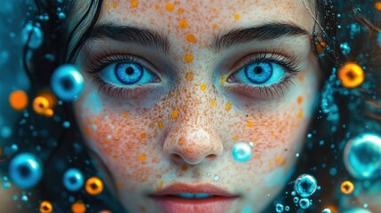 Close-Up Portrait of Young Woman with Blue Eyes and Freckles