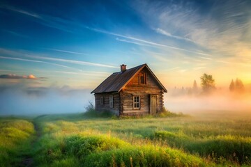 Misty Morning: Secluded Wooden Cabin in Foggy Field