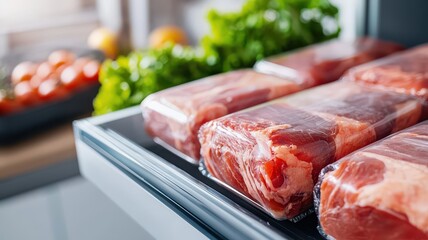 Raw meats in vacuum sealed package stored in a freezer. Food safety conceptual image.