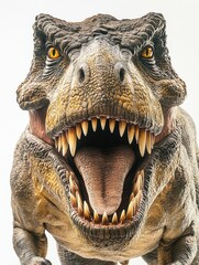 Obraz premium Close-Up of Roaring Dinosaur Model Against White Background for Stock Photography.