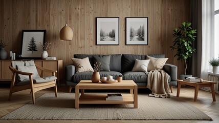 Cozy living room interior, Scandinavian style. Wooden furniture and elegant.