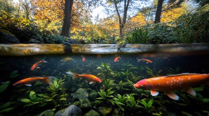 Serene Underwater View of Colorful Koi Fish Swimming in a Tranquil Pond Surrounded by Lush Green Plants and Autumn Foliage in a Peaceful Natural Environment