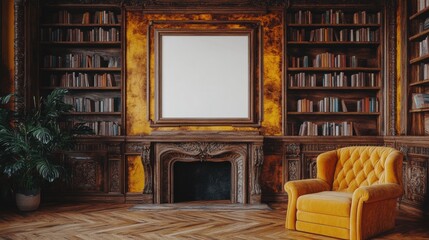 Cozy vintage library with elegant orange armchair and shelves