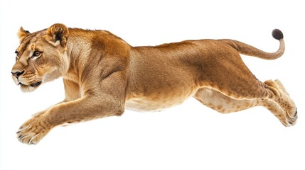Obraz premium Majestic Lioness in Mid-Air Leap Capturing Grace in Motion
