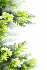 Lush green foliage border, spring leaves, white background, nature design, ideal for greeting cards or website decoration