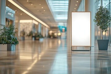 Modern Shopping Mall Interior with Blank Advertising Billboard and Potted Plants in a Bright, Spacious Corridor