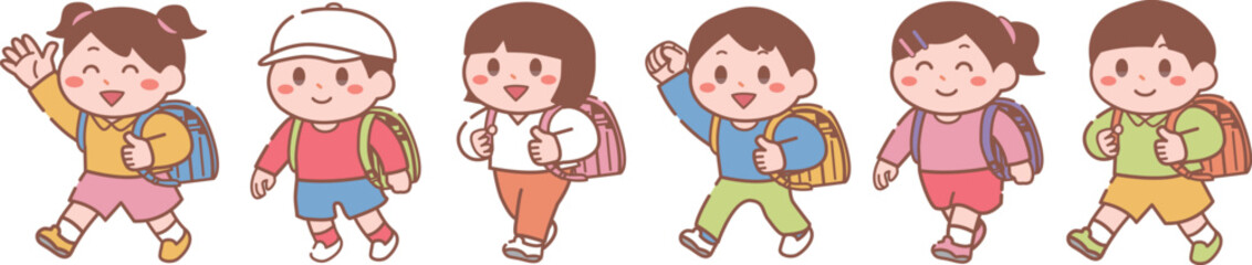 ランドセルを背負った男の子女の子6名