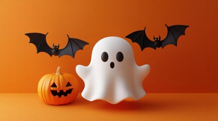 Fototapeta premium 3D render of a cute white ghost with two small black bats and a pumpkin on an orange background