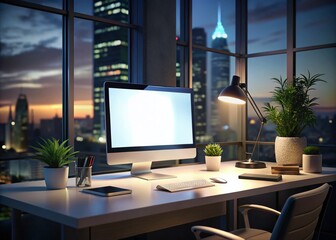Fototapeta premium Modern Dark Office Night Computer Mockup Stock Photo: White Screen, Desk, Supplies