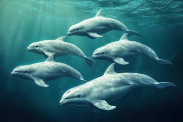 Fototapeta premium Synchronized porpoises in serene ocean highquality DSLR photography