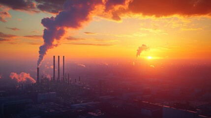 Industrial Landscape at Sunrise with Smoke and Orange Sky