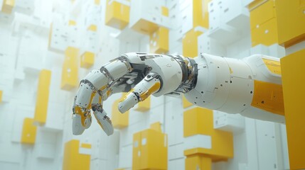 Robotic Hand Reaching Out in Futuristic Space with Yellow Accents