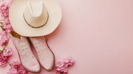 Pink boots, hat, flowers on pink background