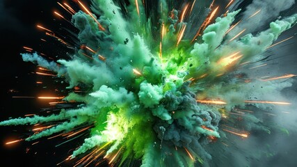 Vibrant explosion of green smoke and light creating an intense and dramatic atmosphere, ideal for creative and dynamic concepts