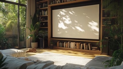 Cozy Home Theater Setup with Bright Natural Light and Greenery