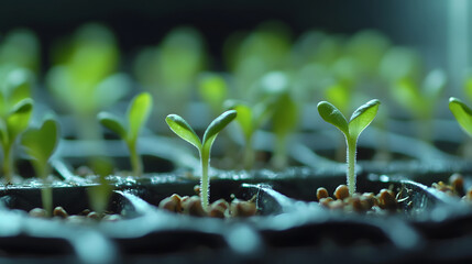 Young seedlings growing in a nursery or laboratory. Development of sustainable agriculture