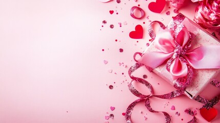 Top view of valentine's day decorations: white gift box with bow, pink curly ribbon, and sequins on soft pastel pink background with copyspace for personalization


