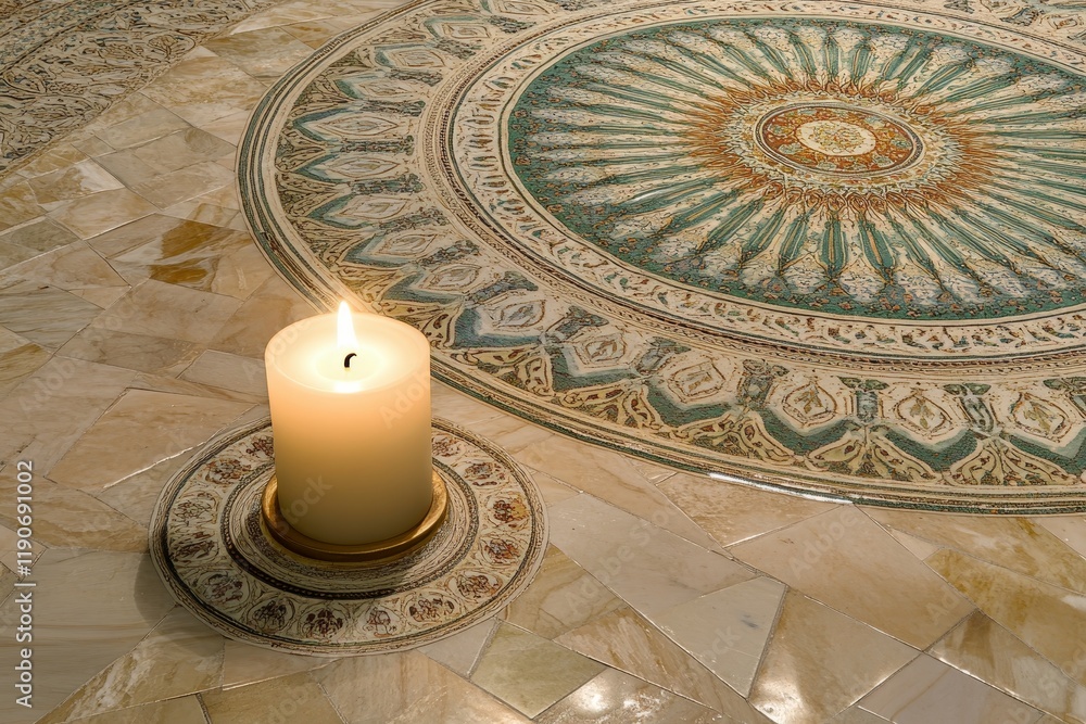 Poster elegant candle on ornate floor design with intricate patterns and textures, capturing warmth and bea