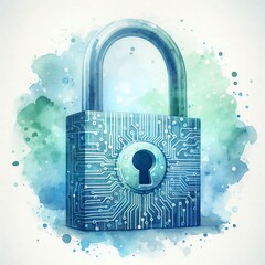 Watercolor padlock with digital circuit pattern symbolizing data protection