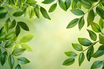 Obraz premium Lush green leaves frame a soft, blurred background, ideal for nature-themed designs or spring promotions