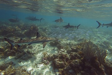 Whitetip reef sharks hunting silverfish in vibrant coral reef