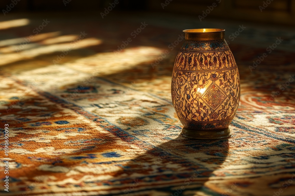 Poster elegant decorative lantern casting soft shadows on an intricate patterned carpet in a warm ambient l