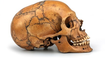 Detailed Human Skull with Cracks and Natural Texture Against White Background