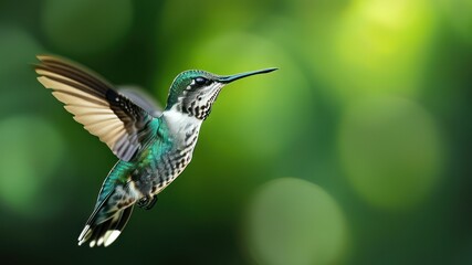 Fototapeta premium Colorful hummingbird flying gracefully, showcasing vibrant feathers amidst a soft, blurred green background