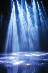 Dramatic Stage Lighting with Blue Spotlights Creating a Mystical Atmosphere on an Empty Theater Stage