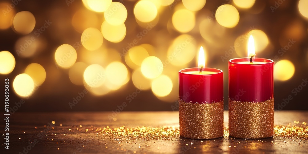 Aufkleber elegant festive candles glowing on a wooden table with shimmering golden bokeh background creating a