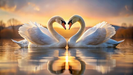 A pair of swans standing side by side with their necks entwined forming a heart shape , lovebirds