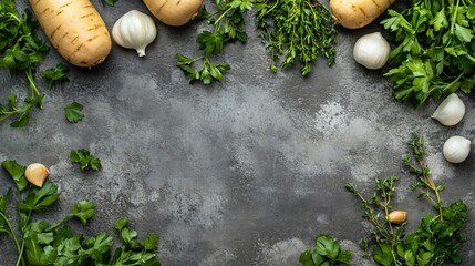 Aerial view of yams with fresh herbs and garlic, isolated on a textured gray surface
