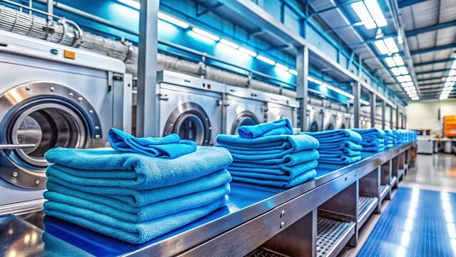 Modern Laundry Facility: Clean Blue Towels on Conveyor Belt