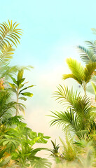 Obraz premium Lush tropical foliage frames a bright beach scene; ideal for travel brochures or summer themes