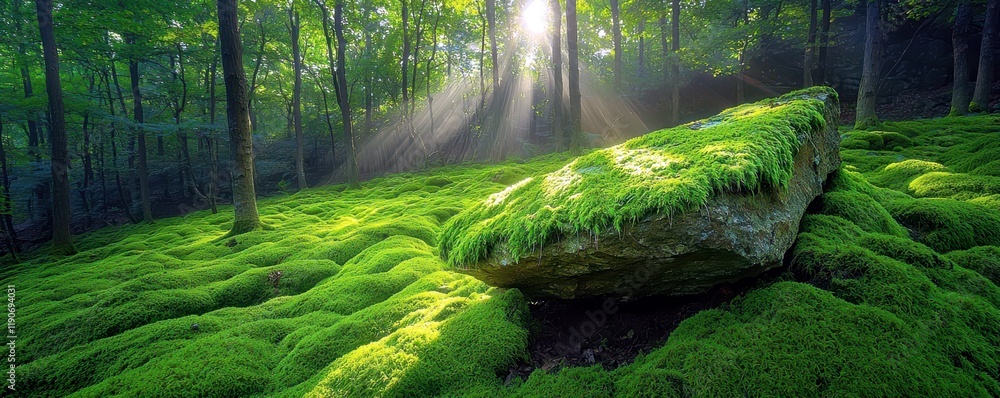 Poster serene sunlit forest scene with lush green moss coverage and rocky outcrop illuminated by warm rays 