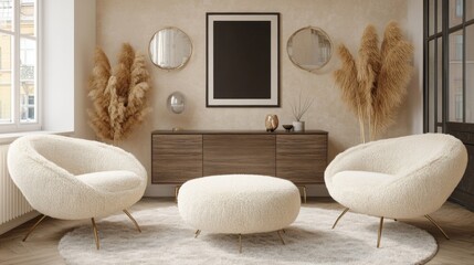 Cozy and Modern Living Room with Elegant Cream Armchairs and Decor