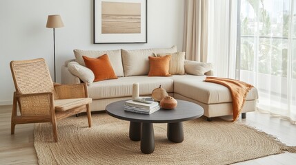 Cozy and Modern Living Room with Natural Textures and Warm Colors