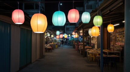 A cozy market scene with food vendors glowing under decorative lanterns, light reflections creating a lively ambiance