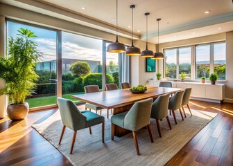 Fototapeta premium Modern Minimalist Dining Room with Large Windows & Blank Canvas - Stock Photo