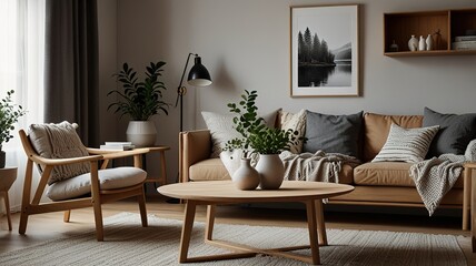 Cozy living room interior, Scandinavian style. Wooden furniture and elegant.