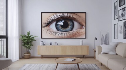 Close-Up of Human Eye in Modern Living Room with Natural Light