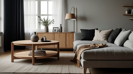 Cozy living room interior, Scandinavian style. Wooden furniture and elegant.